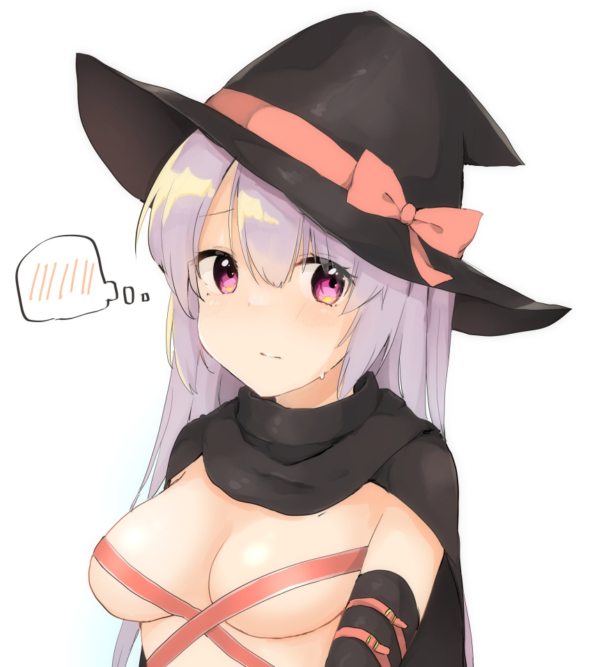 1girl absurdres ayachi_nene belt_bra black_cloak black_headwear blush bow breasts cleavage cloak closed_mouth embarrassed eyelashes eyes_visible_through_hair frown grey_hair hair_between_eyes hat hat_bow highres large_breasts long_hair looking_at_viewer pink_bow purple_eyes sanoba_witch simple_background solo spoken_blush straight_hair sweatdrop thought_bubble upper_body white_background witch_hat yuuhodesu