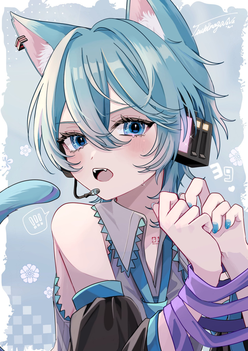 1girl :o animal_ear_fluff animal_ears bare_shoulders black_sleeves blue_background blue_eyes blue_hair blue_nails blue_necktie blush bound bound_wrists cat_ears cat_girl cat_tail collared_shirt commentary crying crying_with_eyes_open detached_sleeves earclip fangs frilled_shirt frills grey_shirt hair_between_eyes hatsune_miku headset highres kemonomimi_mode long_sleeves looking_at_viewer medium_hair microphone naguno-0713 nail_polish necktie number_tattoo open_collar open_mouth ribbon ribbon_bondage shirt sidelocks signature simple_background sleeveless sleeveless_shirt solo symbol-only_commentary tail tattoo tears teeth upper_body upper_teeth_only vocaloid wolf_cut