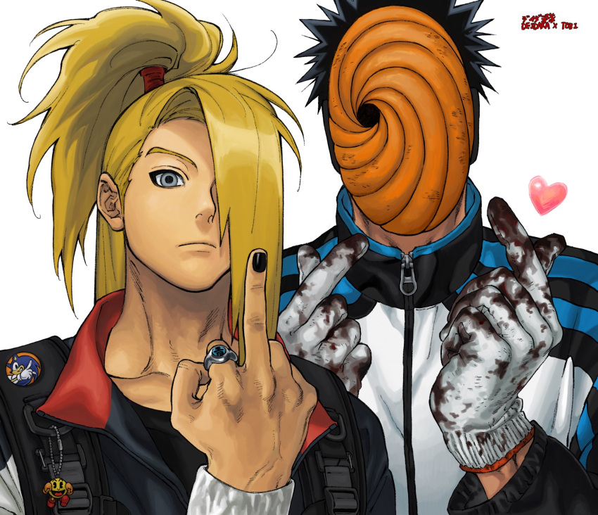 2boys alternate_costume badge bag_charm black_hair black_nails blonde_hair blood blood_on_gloves blood_on_hands button_badge cameo charm_(object) commentary covered_face deidara_(naruto) double_finger_heart facing_viewer finger_heart gloves grey_eyes hair_over_one_eye hand_up hands_up heart highres jewelry long_hair long_sleeves looking_at_viewer male_focus mask middle_finger multiple_boys naruto_(series) naruto_shippuuden one_eye_covered ponytail ring simple_background sonic_(series) sonic_the_hedgehog symbol-only_commentary tobi_(naruto) topknot umkaqryi upper_body white_background white_gloves zipper