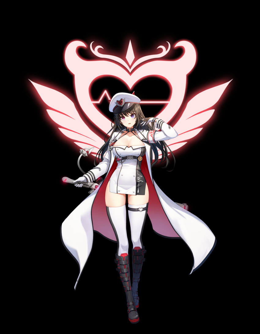 1girl arm_up bai_winchester belt black_choker black_footwear black_hair boots breasts choker cleavage closers coat collarbone crying_emoji dress emoji fake_horns full_body gloves halter_dress halterneck hat heterochromia highres holding holding_sword holding_weapon horns knee_boots large_breasts long_hair long_sleeves looking_at_viewer non-web_source official_art open_clothes open_coat open_mouth peaked_cap pelvic_curtain pink_eyes purple_eyes short_dress sleeveless sleeveless_dress smile solo spaghetti_strap standing sword tail thigh_strap thighhighs thighs weapon white_coat white_dress white_gloves white_headwear white_thighhighs zettai_ryouiki