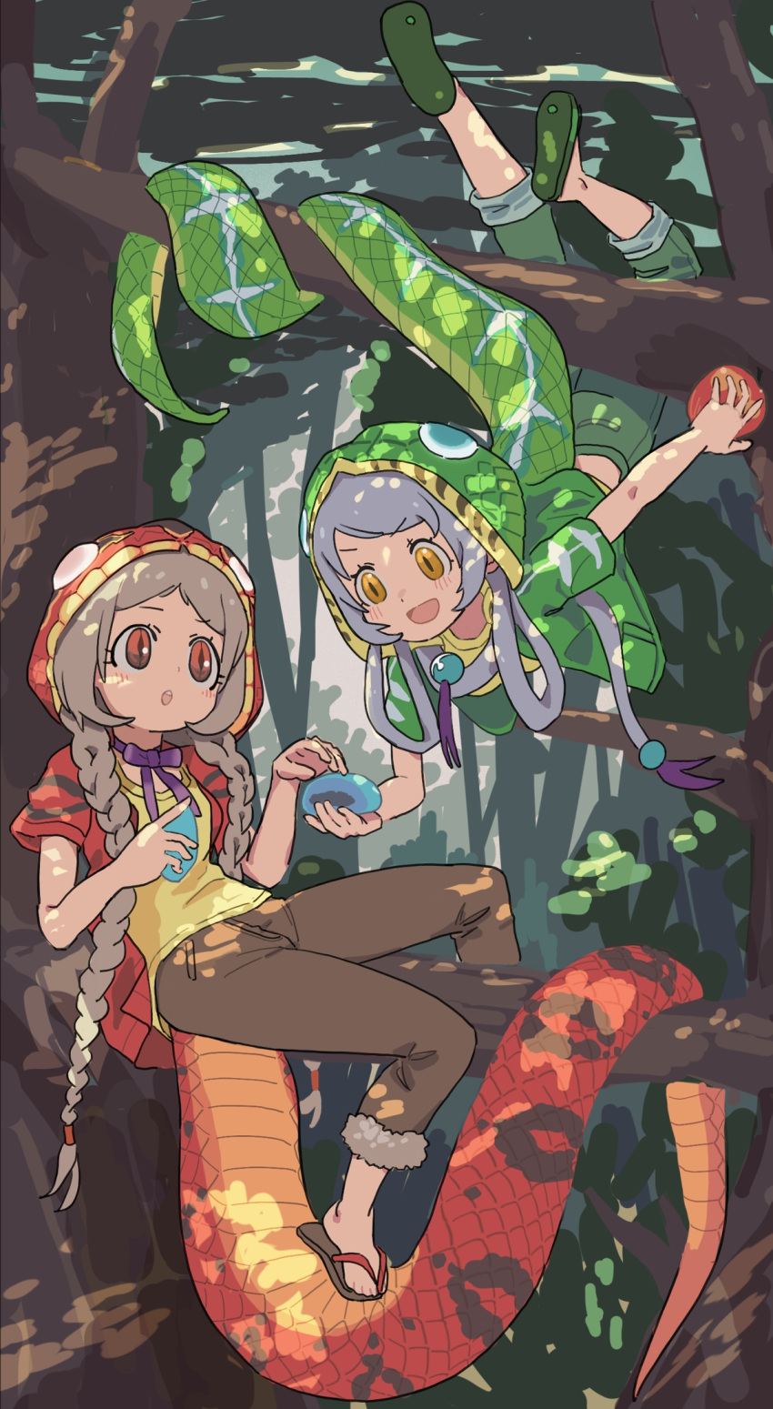 2girls amazon_tree_boa_(kemono_friends) bow bowtie emerald_tree_boa_(kemono_friends) food grey_hair highres hood hoodie japari_bun kemono_friends kunikuni_(kunihiro2005) long_hair multiple_girls outdoors pants purple_hair red_eyes sandals shirt snake_tail tail tree yellow_eyes