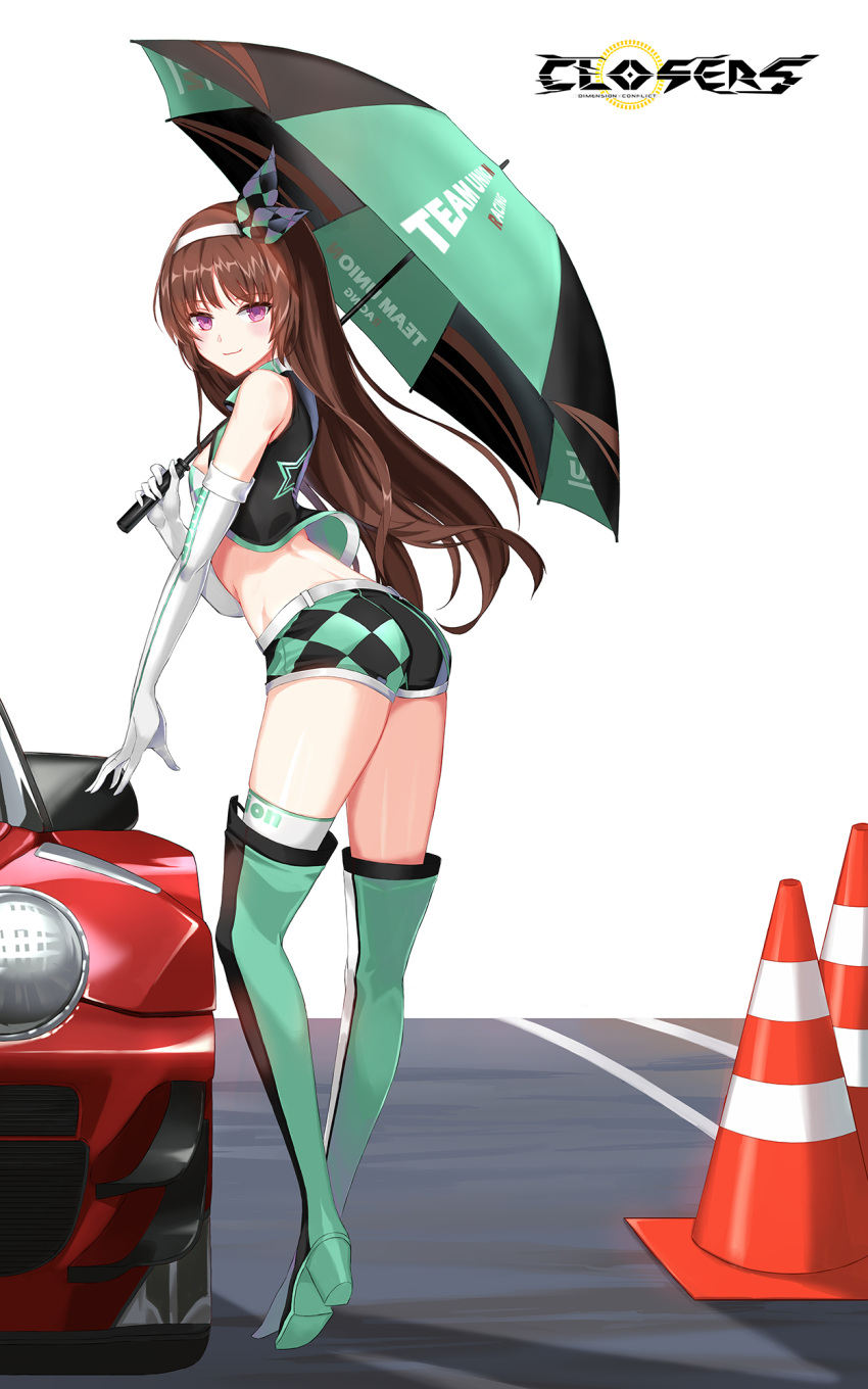 1girl alternate_color ass bare_shoulders belt boots breasts brown_hair car closed_mouth closers crop_top cropped_vest elbow_gloves full_body gloves hairband high_heel_boots high_heels highres holding holding_umbrella long_hair looking_at_viewer looking_back luna_aegis_(closers) midriff motor_vehicle non-web_source official_art purple_eyes race_queen short_shorts shorts single_thighhigh sleeveless smile solo standing thigh_boots thighhighs thighs traffic_cone umbrella vest