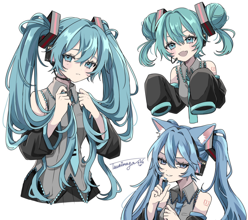 3girls :d animal_ear_fluff animal_ears aqua_eyes aqua_hair bare_shoulders black_skirt black_sleeves blue_eyes blue_hair blue_nails blue_necktie blush cat_ears closed_mouth collared_shirt cropped_torso detached_sleeves dot_nose double_bun frilled_shirt frills grey_shirt grin hair_between_eyes hair_bun hair_ornament hatsune_miku headset highres holding_own_hair kemonomimi_mode light_frown long_hair long_sleeves looking_at_viewer microphone multiple_girls multiple_persona naguno-0713 nail_polish necktie number_tattoo open_mouth pleated_skirt shirt short_twintails sidelocks signature simple_background skirt sleeveless sleeveless_shirt sleeves_past_fingers sleeves_past_wrists smile tattoo teeth twintails very_long_hair vocaloid white_background