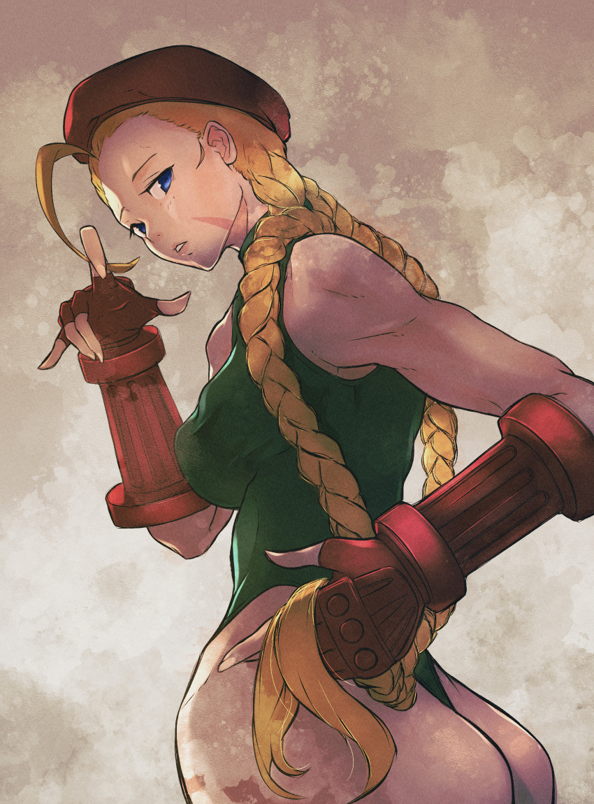 athletic_leotard blonde_hair blue_eyes cammy_white grabbing_own_hair highres leotard lips red_headwear scar scar_on_cheek scar_on_face street_fighter teeth thong yuenibushi