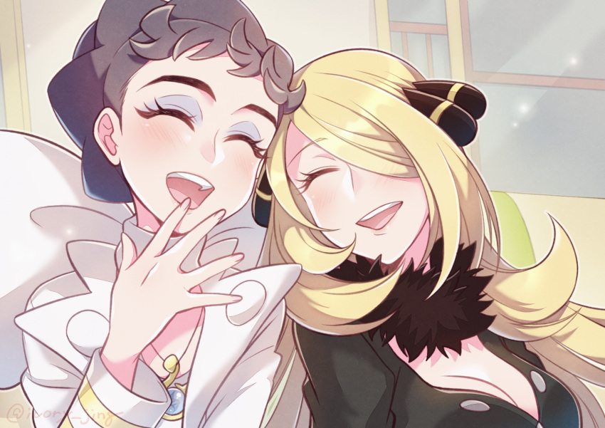 2girls black_coat blonde_hair breasts brown_hair cleavage closed_eyes coat commentary_request cynthia_(pokemon) diantha_(pokemon) eyeliner highres ivory_(25680nico) jewelry laughing long_sleeves makeup multiple_girls necklace open_mouth pokemon pokemon_dppt pokemon_xy teeth twitter_username upper_body upper_teeth_only white_coat