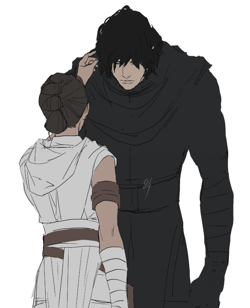 0109_(artist) 1boy 1girl belt black_hair black_jumpsuit brown_hair commentary_request from_behind hand_in_another's_hair height_difference highres jumpsuit kylo_ren looking_at_another rey_(star_wars) robe star_wars white_robe