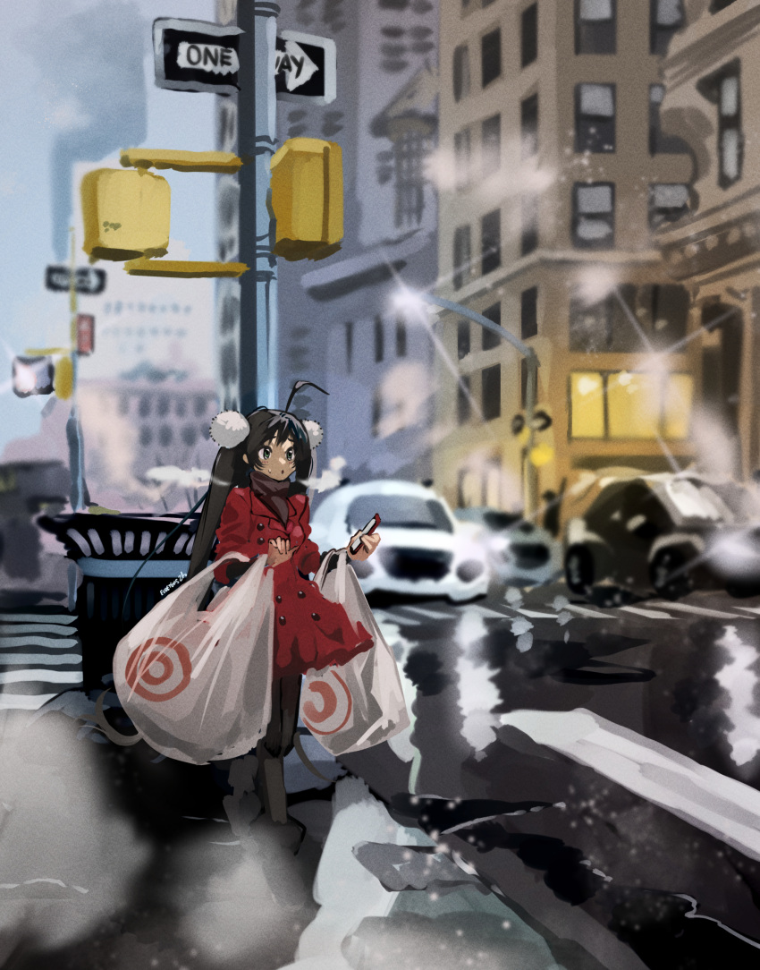 1girl absurdres ahoge bag black_hair blurry blurry_background brown_sweater car clip_studio_paint_(medium) coat commentary_request crosswalk dual_wielding eudetenis full_body green_eyes highres holding huge_ahoge long_hair motor_vehicle original plastic_bag red_coat shopping_bag snow solo_focus sweater target_(store) traffic turtleneck turtleneck_sweater twintails very_long_hair winter winter_clothes