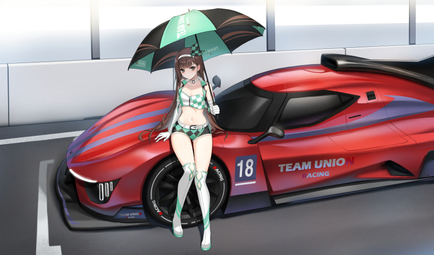 1girl bare_shoulders belt boots breasts brown_hair car choker cleavage closed_mouth closers collarbone crop_top cropped_vest elbow_gloves eunha_(closers) full_body gloves green_eyes hairband highres holding holding_umbrella long_hair looking_at_viewer micro_shorts midriff motor_vehicle navel non-web_source official_art open_clothes open_vest race_queen race_vehicle racecar shirt short_shorts shorts sitting sleeveless sleeveless_shirt small_breasts smile solo stomach thigh_boots thighs umbrella very_long_hair vest white_choker