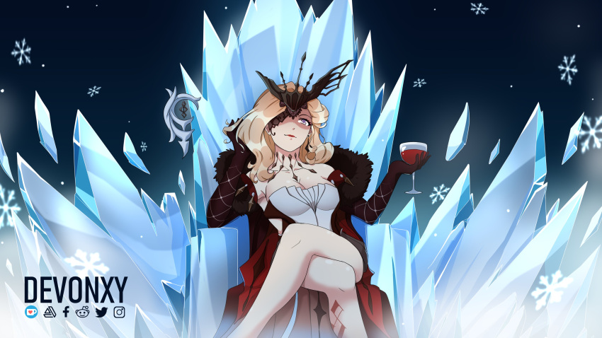 absurdres alcohol artist_name blonde_hair cape crossed_legs cup devonxy dress drinking_glass earrings genshin_impact gloves highres ice jewelry long_hair mask mask_over_one_eye red_cape signora_(genshin_impact) sitting snowflakes strapless strapless_dress wine wine_glass