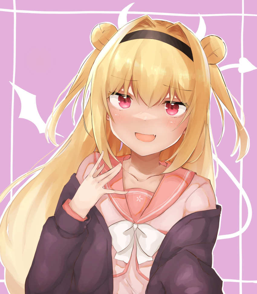 1girl :d \||/ alternate_eye_color alternate_hair_length alternate_hairstyle black_hairband blonde_hair blush bow chitose_sana commentary double_bun drawn_horns drawn_tail drawn_wings eyelashes eyes_visible_through_hair fang hair_between_eyes hair_bun hair_intakes hairband hand_up highres jitome long_hair looking_at_viewer open_mouth pink_background pink_shirt red_eyes red_sailor_collar sailor_collar school_uniform serafuku shirt simple_background skin_fang smile smug solo symbol-only_commentary tenshinranman two_side_up upper_body very_long_hair white_bow yuuhodesu