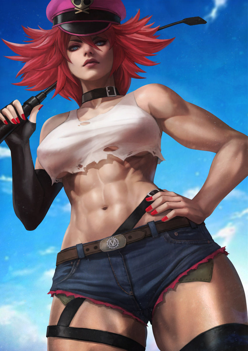 1girl abs absurdres belt_collar biceps blue_sky breasts collar covered_nipples crop_top denim denim_shorts final_fight gloves hand_on_own_hip hat highres monori_rogue muscular muscular_female no_bra peaked_cap pink_hair pink_nails poison_(final_fight) riding_crop shirt short_shorts shorts single_glove sky solo standing street_fighter street_fighter_v tank_top thigh_gap thighs torn_clothes torn_shirt underboob