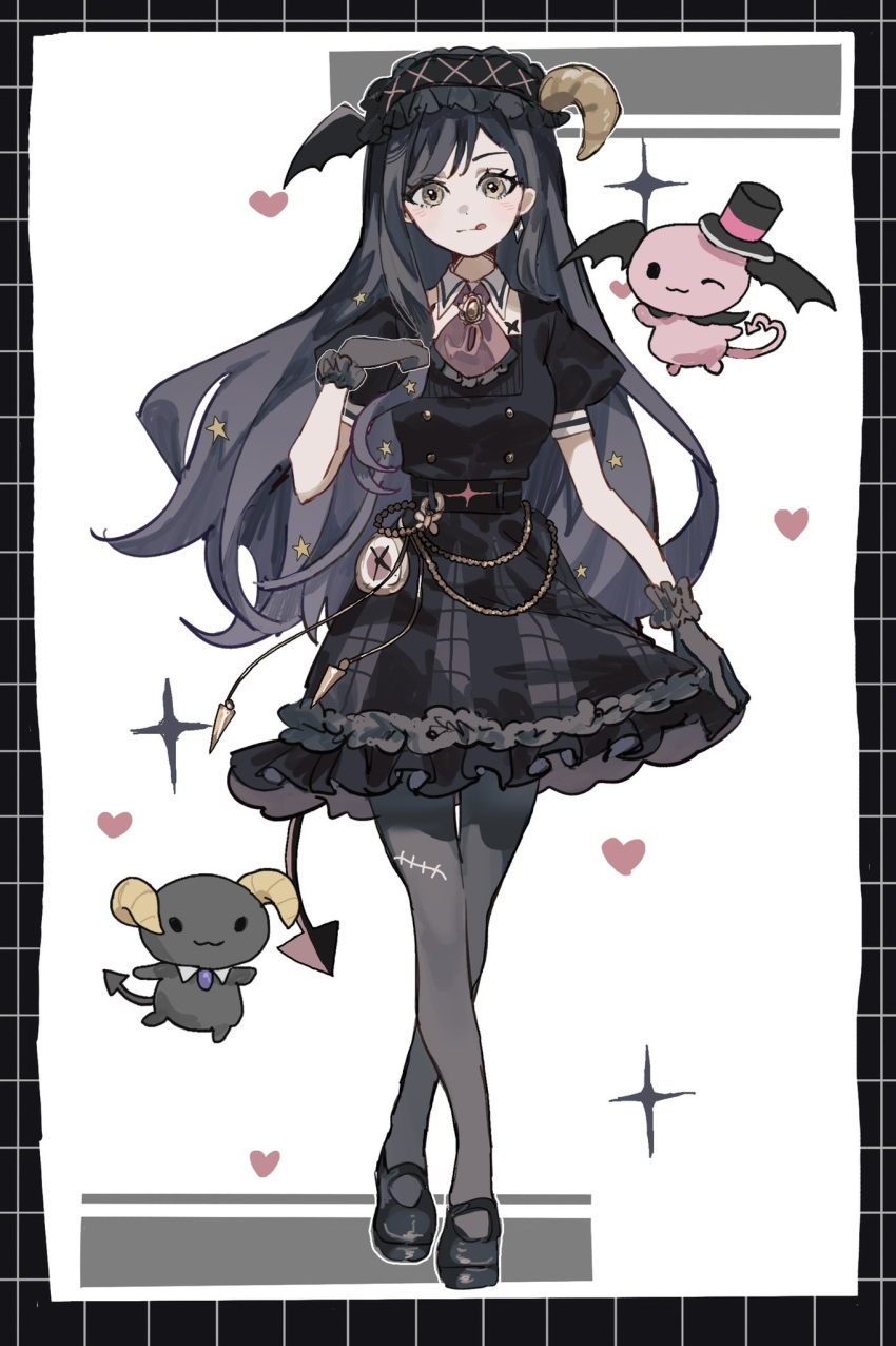 1girl :q ascot black_footwear black_gloves black_hair black_headwear black_pantyhose black_shirt black_skirt blush buttons chimera collared_shirt crossed_legs demon_tail demon_wings double-breasted frilled_skirt frills full_body gloves gradient_hair hair_ornament hat head_wings heart high-waist_skirt highres horns inu_totemo long_hair looking_at_viewer mob_cap multicolored_hair pantyhose parted_bangs petticoat plaid plaid_skirt project_sekai puffy_short_sleeves puffy_sleeves red_ascot sheep_horns shiraishi_an shirt shoes short_sleeves skirt skirt_hold solo sparkle star_(symbol) star_hair_ornament straight_hair tail tongue tongue_out wings yellow_eyes