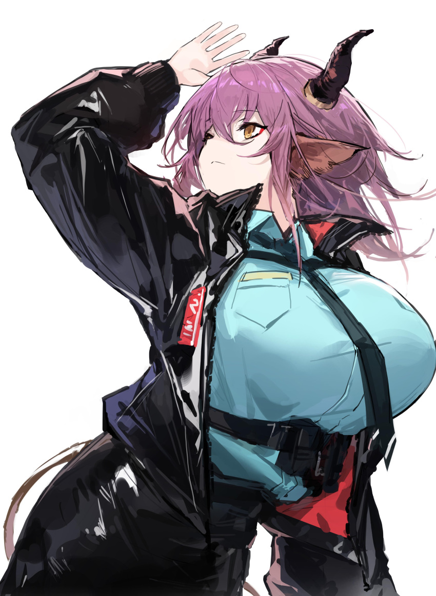 1girl absurdres animal_ears arknights black_jacket breasts cow_ears cow_girl cow_horns highres horns jacket large_breasts medium_hair purple_hair qingfeng_canying shirt sideroca_(arknights) simple_background white_background white_shirt yellow_eyes