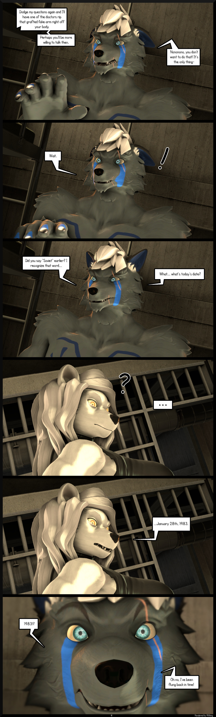 2024 3d_(artwork) 5_fingers absurd_res anthro athletic athletic_anthro athletic_male bear bed big_breasts black_nose blue_eyes blue_markings bodysuit breasts bunk_bed canid canine canis chest_markings claws clothed clothing comic confusion dialogue digital_media_(artwork) duo ears_back english_text exclamation_point facial_markings fangs female finger_claws fingers fur furniture grey_body grey_fur hair head_markings hi_res humanoid_hands inside interrogation looking_at_another male mammal markings nataliya_(petruz) page_number petruz_(copyright) pivoted_ears polar_bear prison_cell prisoner question_mark realization reindeerviking sitting skinsuit source_filmmaker speech_bubble standing teeth text theo_(lorekeeper_nate) tight_clothing time_traveler topless topless_anthro topless_male ursine white_body white_fur white_hair wolf yellow_eyes