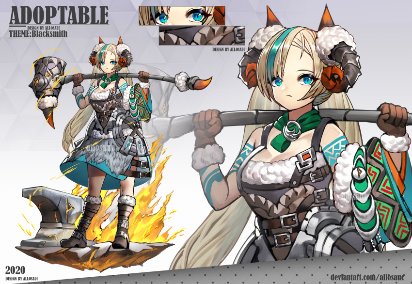 1girl 2020 adoptable allosauc animal_ears anvil aqua_hair arm_tattoo artist_name asymmetrical_bangs axe bare_shoulders belt belt_buckle black_belt blacksmith blonde_hair blue_eyes blue_eyeshadow blue_skirt blue_sleeves boots breasts brown_belt brown_footwear brown_gloves brown_shirt buckle chest_belt cleavage close-up closed_mouth collarbone commentary cowboy_shot detached_sleeves deviantart_username english_commentary english_text eyeshadow fire frown full_body fur-trimmed_boots fur-trimmed_gloves fur-trimmed_shorts fur-trimmed_sleeves fur_skirt fur_trim gloves gradient_background green_scarf grey_background grey_skirt highres holding holding_axe horns huge_weapon knee_boots large_breasts layered_skirt layered_sleeves long_bangs long_hair long_sleeves looking_at_viewer makeup medium_skirt multicolored_hair multiple_belts multiple_views original over_shoulder pickaxe reference_sheet scarf sheep_ears sheep_horns shirt shorts side_slit simple_background single_bare_shoulder single_detached_sleeve skirt sleeveless sleeveless_shirt streaked_hair tattoo triangle_background very_long_hair watermark weapon weapon_over_shoulder wide_sleeves