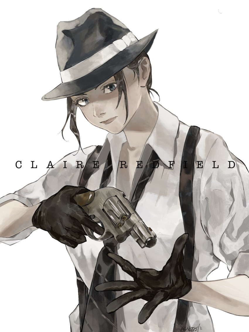 1girl black_gloves black_headwear black_necktie blue_eyes brown_hair character_name claire_redfield closed_mouth collared_shirt fedora finger_on_trigger fune_(nkjrs12) gloves gun hair_up handgun hat highres holding holding_gun holding_weapon looking_at_viewer loose_necktie necktie official_alternate_costume resident_evil resident_evil_2 resident_evil_2_(remake) revolver shirt signature sleeves_rolled_up solo suspenders upper_body weapon white_shirt