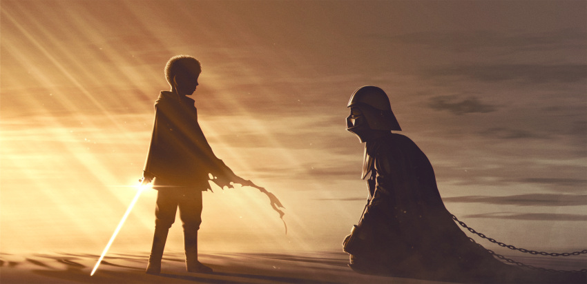 1boy 5health anakin_skywalker armor backlighting black_armor black_cape braid cape chain darth_vader dual_persona energy_sword helmet highres light_rays lightsaber sand single_braid slave star_wars sword weapon wrist_cuffs