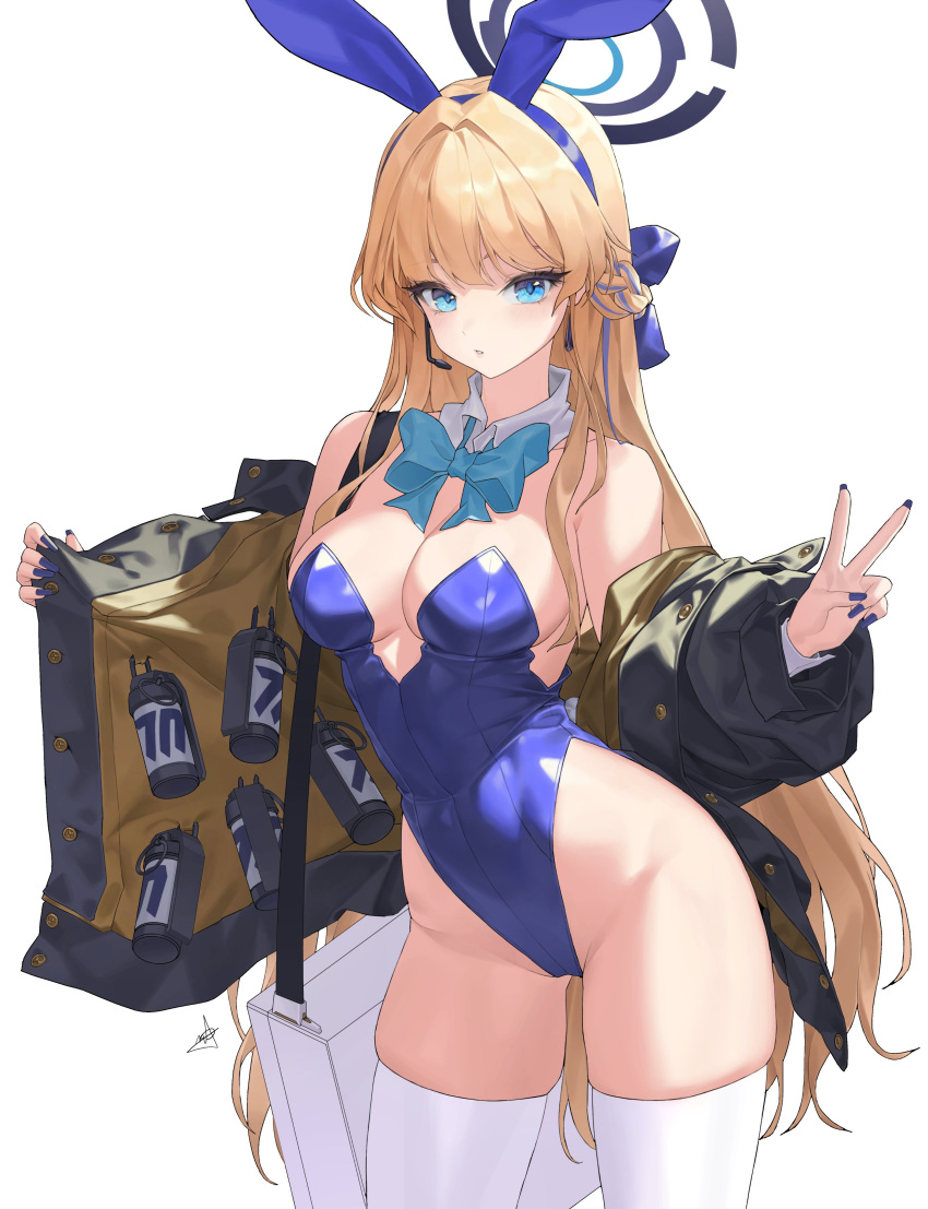 1girl absurdres animal_ears blonde_hair blue_archive blue_bow blue_bowtie blue_eyes blue_hair blue_halo blue_leotard blue_nails bow bowtie braid breasts cowboy_shot daeho_cha detached_collar earpiece fake_animal_ears fingernails halo highres leotard long_hair looking_at_viewer medium_breasts multicolored_hair nail_polish official_alternate_costume parted_lips rabbit_ears signature simple_background solo strapless strapless_leotard streaked_hair thighhighs toki_(blue_archive) toki_(bunny)_(blue_archive) v white_background white_thighhighs