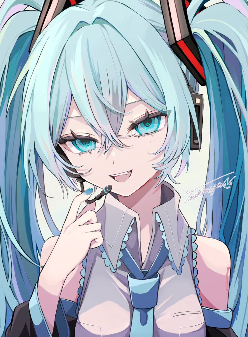 1girl :d bare_shoulders black_sleeves blue_eyes blue_hair blue_nails blue_necktie breasts collared_shirt detached_sleeves fang frilled_shirt frills grey_shirt hair_intakes hair_ornament hand_on_headwear hatsune_miku head_tilt headset highres long_hair long_sleeves looking_at_viewer medium_breasts microphone naguno-0713 nail_polish necktie number_tattoo open_mouth shirt sidelocks signature sleeveless sleeveless_shirt smile solo tattoo teeth twintails vocaloid wing_collar