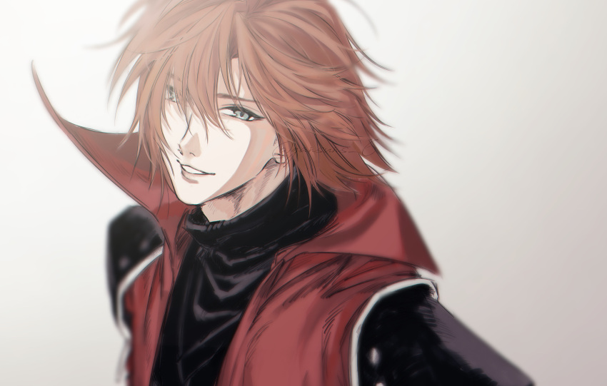 1boy absurdres armor black_shirt blurry brown_hair chest_strap coat commentary crisis_core_final_fantasy_vii depth_of_field final_fantasy final_fantasy_vii genesis_rhapsodos gradient_background grey_eyes happy high_collar highres looking_at_viewer male_focus pauldrons red_coat roku_(gansuns) shirt shoulder_armor smile solo turtleneck twitter_username upper_body