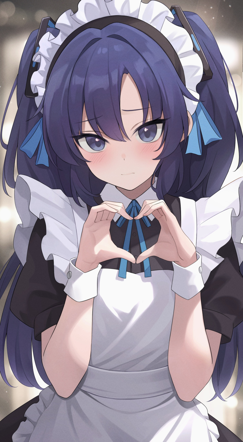1girl absurdres alternate_costume apron blue_archive blue_bow blue_bowtie blurry blush bow bowtie depth_of_field enmaided frilled_apron frills halo heart heart_hands highres long_hair looking_at_viewer maid maid_apron maid_headdress parted_bangs purple_eyes purple_hair short_sleeves sidelocks solo two_side_up white_apron wrist_cuffs yuuka_(blue_archive) zeatto