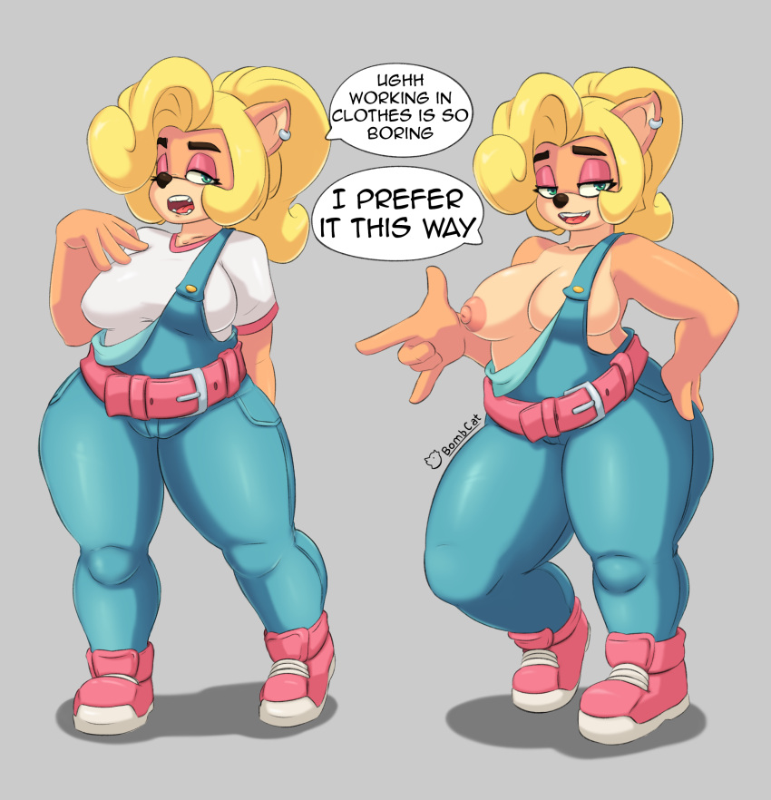 5_fingers absurd_res activision anthro areola artist_name bandicoot blonde_hair bombcat14 breasts clothed clothing coco_bandicoot crash_bandicoot_(series) ear_piercing ear_ring eyebrows female fingers footwear fur green_eyes grey_background hair hand_on_hip hand_on_own_hip hi_res long_hair mammal marsupial narrowed_eyes nipples open_mouth overalls piercing pink_areola pink_nipples ring_piercing shirt shoes simple_background solo standing t-shirt tan_body tan_fur teeth thick_thighs tongue topless topwear wide_hips