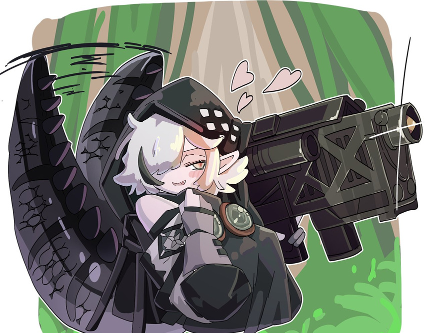 1girl arknights character_request fim-92_stinger hair_over_one_eye heart jacket lizard_tail pointy_ears reptile_girl rocket_launcher solo sparkle taiiiyakiii tail tail_wagging weapon white_hair