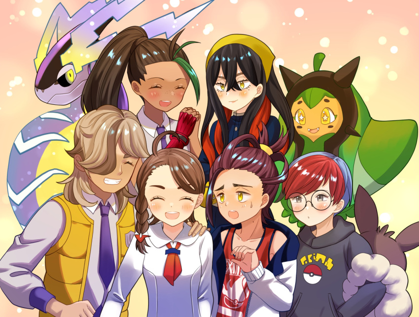 2boys 4girls :d arven_(pokemon) backpack bag black_hair blush brown_bag brown_hair buttons carmine_(pokemon) closed_eyes closed_mouth collared_shirt commentary_request eyelashes facing_viewer fingerless_gloves gloves grin hair_between_eyes hair_over_one_eye hood hoodie jacket juliana_(pokemon) kieran_(pokemon) long_hair miraidon multicolored_hair multiple_boys multiple_girls necktie nemona_(pokemon) ogerpon open_clothes open_mouth open_vest own_hands_together pechi_(peeechika) penny_(pokemon) pokemon pokemon_(creature) pokemon_sv ponytail purple_necktie red_shirt shirt single_glove sleeveless sleeveless_shirt smile sweatdrop tank_top teeth two-tone_hair upper_teeth_only vest white_jacket yellow_eyes yellow_vest