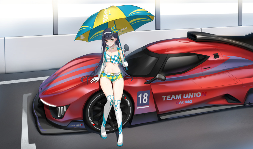 1girl bare_shoulders belt boots breasts car choker cleavage closed_mouth closers collarbone crop_top cropped_vest elbow_gloves eunha_(closers) full_body gloves green_eyes grey_hair hairband highres holding holding_umbrella long_hair looking_at_viewer micro_shorts midriff motor_vehicle navel non-web_source official_art open_clothes open_vest race_queen race_vehicle racecar shirt short_shorts shorts sitting sleeveless sleeveless_shirt small_breasts smile solo stomach thigh_boots thighs umbrella very_long_hair vest white_choker