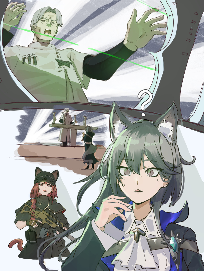 1boy 2girls ? absurdres animal_ears arknights black_hair character_request clich51368861 cowboy_shot glasses gun highres lab_coat multiple_girls neckerchief penance_(arknights) red_eyes red_hair rifle sweat upper_body weapon wolf_ears wolf_girl