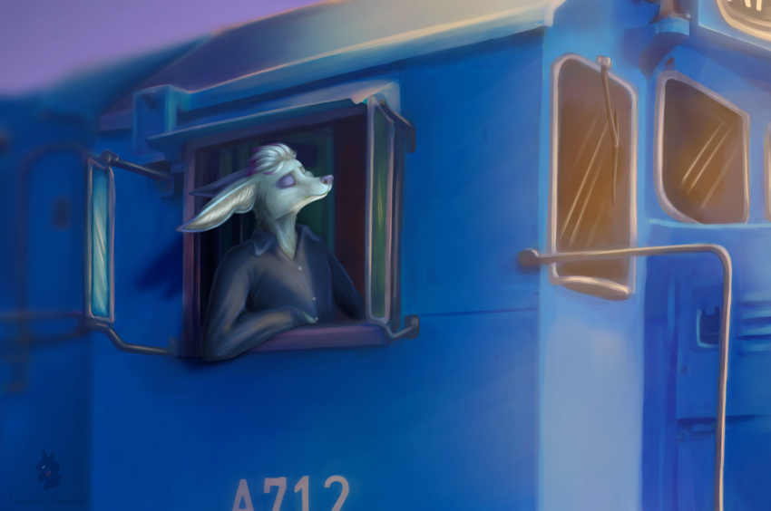 2022 animal_ears anthro blue_body blue_clothing blue_fur blue_topwear canid canine clothing digital_media_(artwork) eyes_closed fennec fexneel_denisse fox fur hi_res male mammal snout solo topwear train train_conductor vehicle watermark windshield