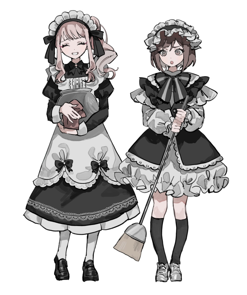 1girl 1other :d :o akiyama_mizuki apron black_bow black_bowtie black_footwear black_shirt black_skirt black_socks bow bowtie broom brown_eyes brown_hair center_frills closed_eyes dot_nose facing_viewer frilled_apron frilled_shirt frilled_skirt frills full_body furrowed_brow grey_footwear grin hair_between_eyes hair_bow highres holding holding_broom holding_cloth inu_totemo juliet_sleeves kneehighs knees_apart_feet_together long_sleeves looking_at_another maid maid_headdress open_mouth pink_hair project_sekai puffy_long_sleeves puffy_sleeves shinonome_ena shirt shoes short_hair sidelocks sideways_glance simple_background skirt smile socks striped_bow striped_bowtie striped_clothes teeth white_apron white_background white_skirt white_socks wiping