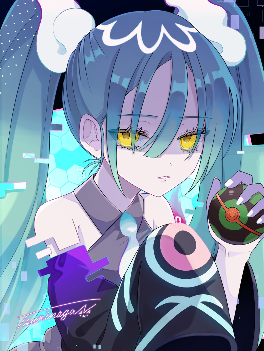 1girl absurdres bare_shoulders black_sleeves bow detached_sleeves ghost_miku_(project_voltage) glitch green_hair grey_shirt hair_bow hatsune_miku highres holding holding_poke_ball long_bangs long_hair long_sleeves looking_at_viewer naguno-0713 nail_polish parted_lips poke_ball pokemon project_voltage shirt sidelocks sleeveless sleeveless_shirt solo teeth twintails upper_body very_long_hair vocaloid white_bow white_nails wispy_bangs yellow_eyes