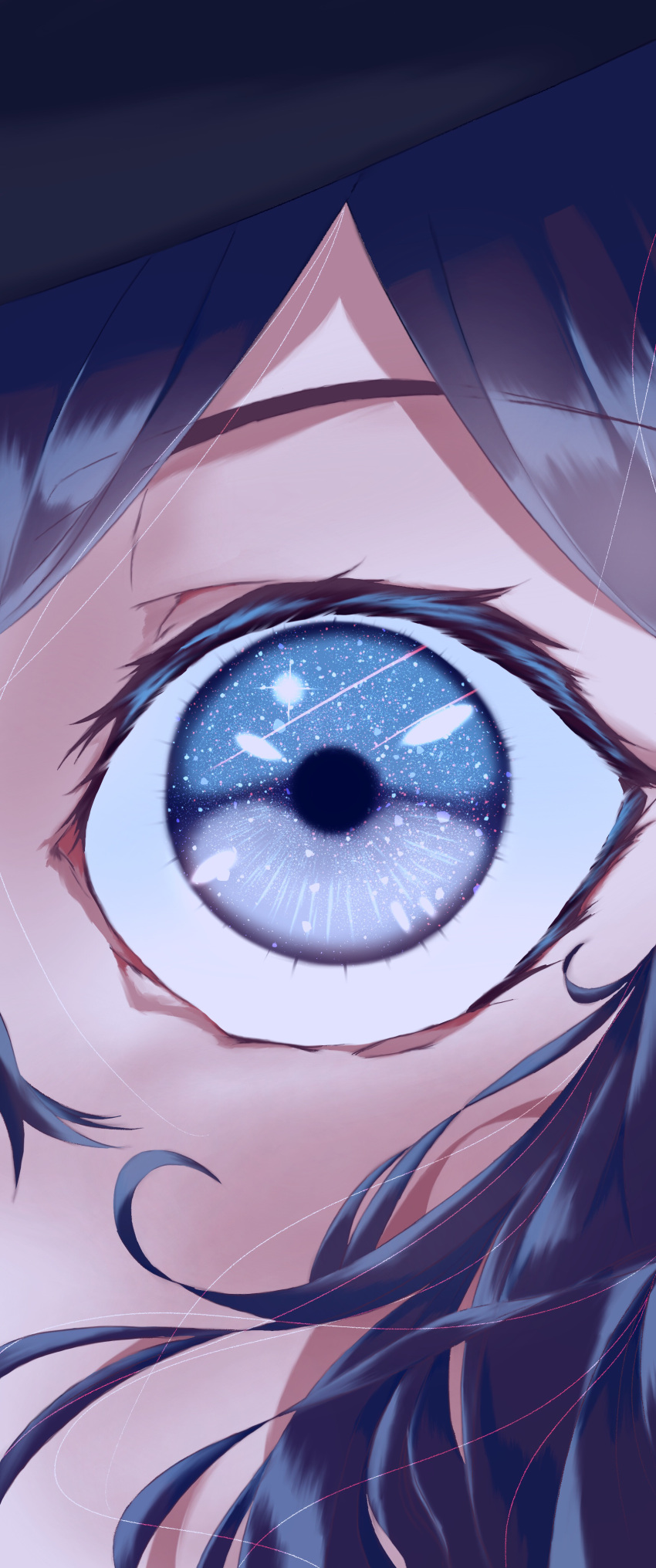 1girl absurdres black_eyes black_hair black_headwear close-up commentary eye_focus eye_reflection highres looking_at_viewer reflection shooting_star sky solo star_(sky) starry_sky syaraku touhou usami_renko