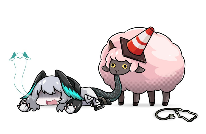 1girl arknights biting ho'olheyak_(arknights) mumei518 open_mouth reptile_girl sheep simple_background solo stethoscope traffic_cone white_background