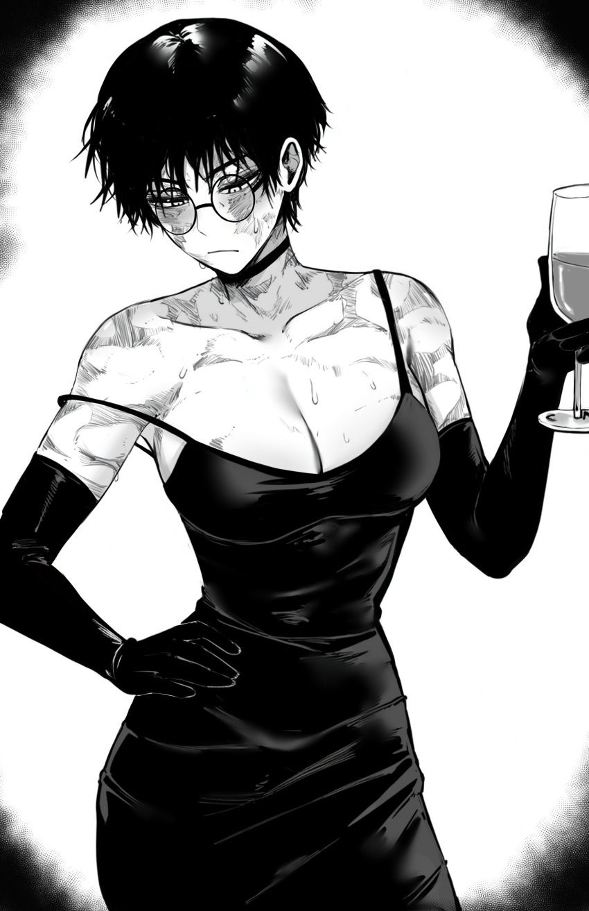 1girl absurdres breasts choker cleavage closed_mouth collarbone cowboy_shot cup dress drinking_glass elbow_gloves english_commentary glasses gloves greyscale hand_on_own_hip highres holding holding_cup jujutsu_kaisen large_breasts looking_down messy_hair monochrome out_of_frame scar short_hair simple_background single_bare_shoulder sleeveless sleeveless_dress solo spaghetti_strap strap_slip sweat white_background wine_glass zen'in_maki zovokia