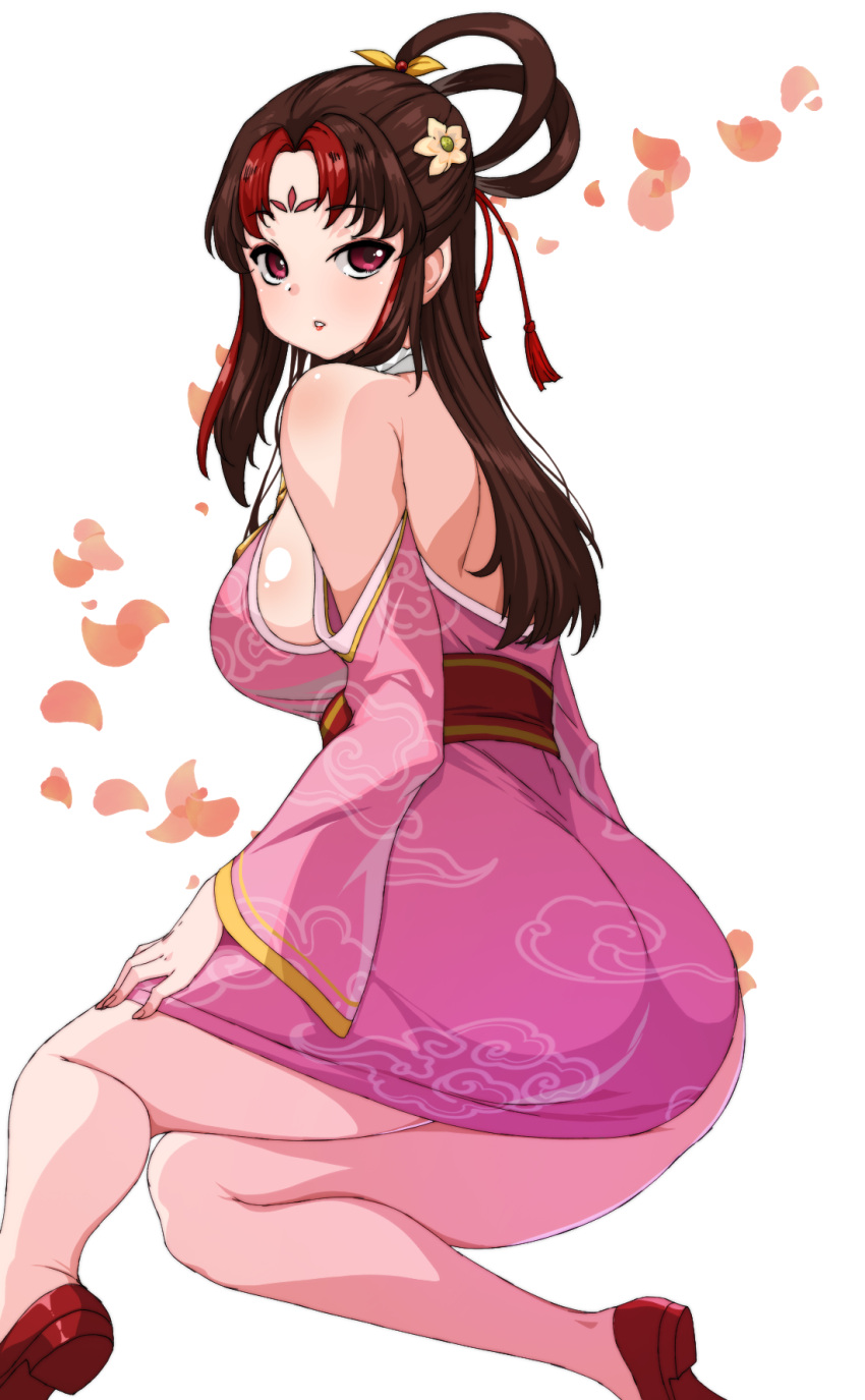1girl backless_dress backless_outfit bare_shoulders brown_hair chinese_clothes commission commissioner_upload dress facial_mark flower forehead_mark hair_flower hair_ornament hair_rings hero's_adventure_road_of_passion high_heels highres leaf leaf_background ling_mengdie_(hero's_adventure_road_of_passion) long_hair lying multicolored_hair non-web_source parted_lips pixiv_commission purple_eyes rantia sash solo streaked_hair teeth