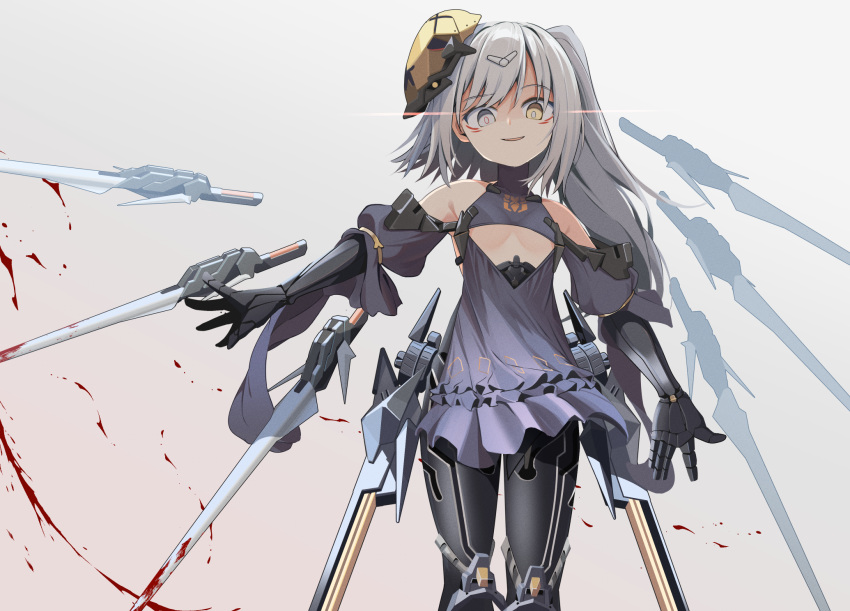 1girl bare_shoulders black_dress blood blood_on_weapon breasts clothing_cutout commentary_request cowboy_shot dress eye_trail floating floating_object floating_sword floating_weapon girls'_frontline hair_ornament heterochromia highres light_trail looking_at_viewer ma40414 mask mask_on_head mechanical_arms mechanical_legs narciss_(girls'_frontline) paradeus parted_lips pink_eyes raised_eyebrow simple_background small_breasts smile solo sword underboob underboob_cutout weapon white_background white_hair yellow_eyes