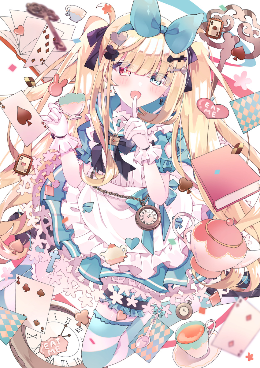 1girl ace_(playing_card) ace_of_spades alice_(alice_in_wonderland) alice_in_wonderland aoi_yugina black_bow black_footwear blonde_hair blue_bow blue_eyes blue_hairband blue_sailor_collar book bow card clock clover_hair_ornament cup diamond_hair_ornament dress earrings eat_me finger_to_mouth four_of_clubs gloves hair_bow hair_ornament hair_ribbon hairband heart heart_hair_ornament heterochromia highres holding holding_cup jewelry key keyhole lock looking_at_viewer open_book open_mouth playing_card pocket_watch red_eyes ribbon sailor_collar sailor_dress seven_of_spades smile solo spade_(shape) spade_hair_ornament striped_clothes striped_thighhighs symbol-shaped_pupils teacup teapot thighhighs twintails two_of_diamonds watch white_gloves