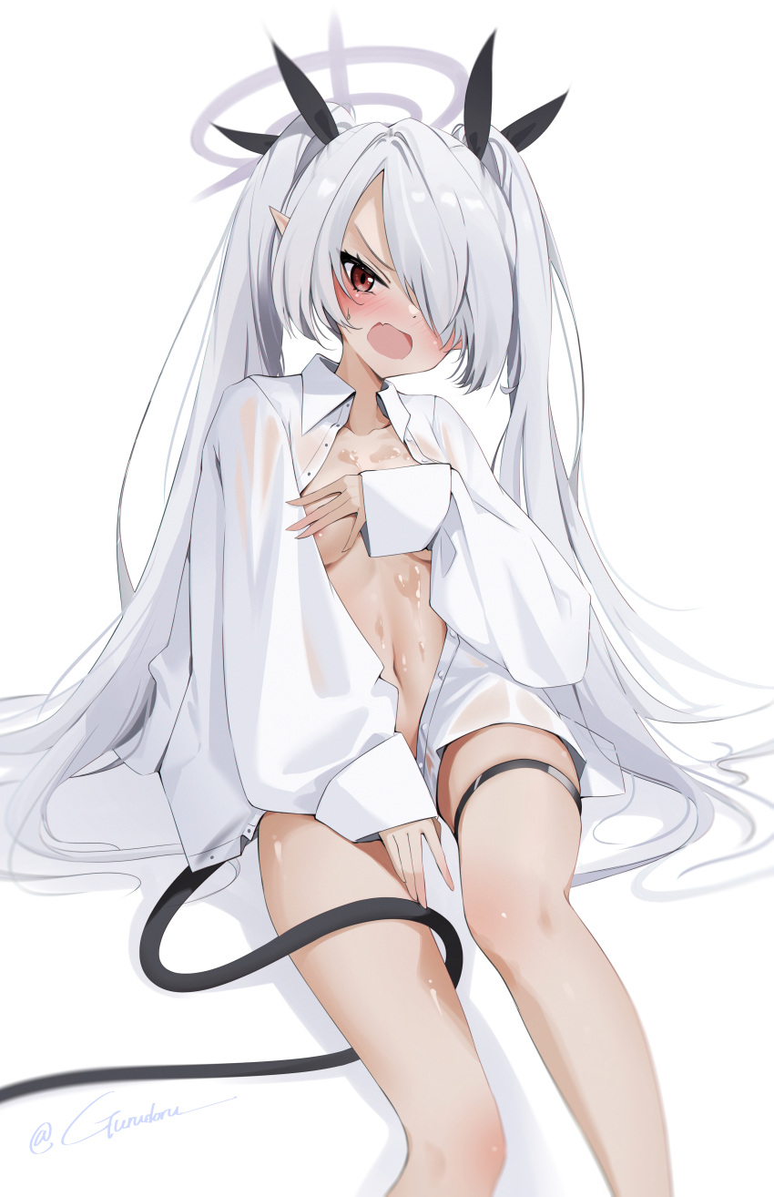 1girl absurdres black_tail blue_archive blush breasts collarbone collared_shirt dark-skinned_female dark_skin fang feet_out_of_frame grey_hair gurudoru hair_over_one_eye halo highres iori_(blue_archive) long_hair long_sleeves open_clothes open_mouth open_shirt pointy_ears purple_halo red_eyes shirt simple_background skin_fang small_breasts solo thigh_strap twitter_username white_background white_shirt