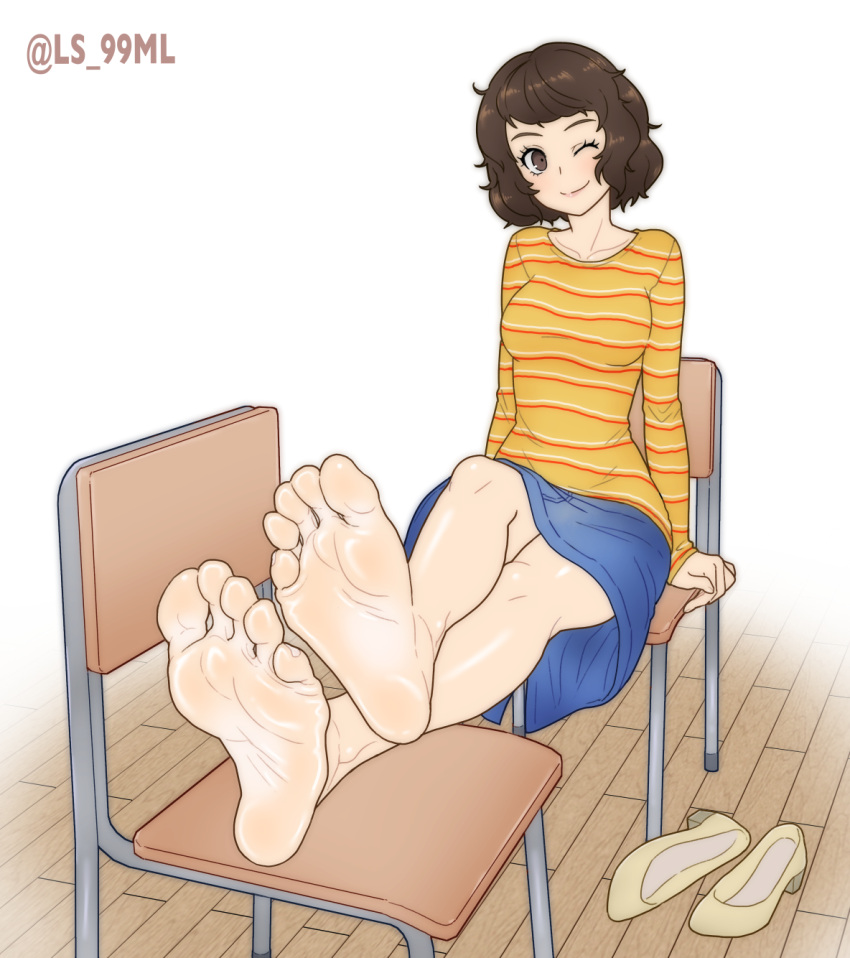 1girl artist_name barefoot blue_skirt blush breasts brown_eyes brown_hair chair closed_mouth commentary_request commission crossed_legs eyelashes feet foot_focus foreshortening full_body high_heels highres kawakami_sadayo legs long_sleeves looking_at_viewer medium_breasts medium_hair on_chair one_eye_closed persona persona_5 school_chair shirt shoes sidelocks sitting skirt sleeves_past_wrists smile soles solo striped_clothes striped_shirt swept_bangs toenails toes tsukimaru_(ls_99ml) twitter_username unworn_shoes white_background wooden_floor yellow_shirt