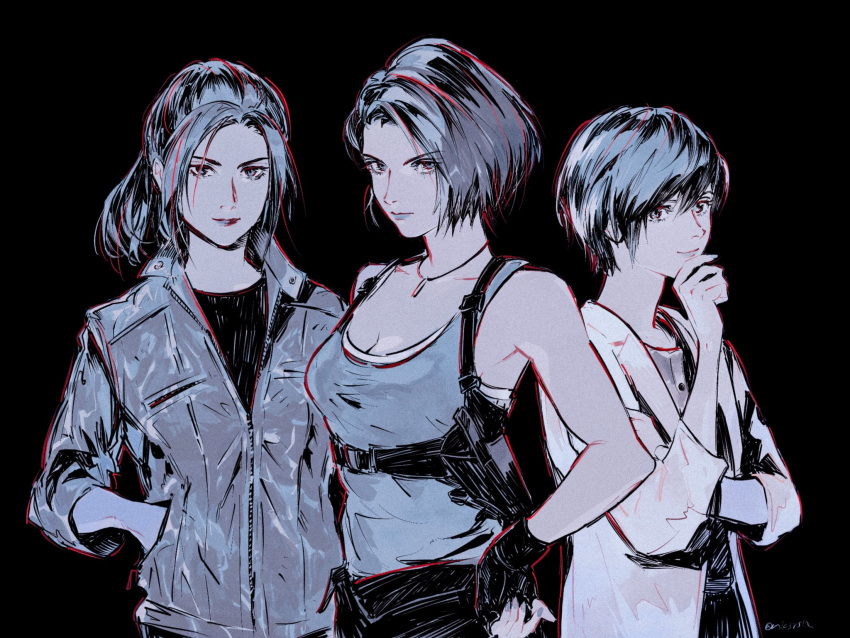 3girls black_background black_gloves blue_tank_top breasts claire_redfield cleavage closed_mouth fingerless_gloves fune_(nkjrs12) gloves hand_in_pocket hand_on_own_chin hand_on_own_hip highres holster jacket jewelry jill_valentine lab_coat light_smile limited_palette looking_at_viewer multiple_girls necklace ponytail rebecca_chambers resident_evil short_hair shoulder_holster simple_background smile tank_top upper_body