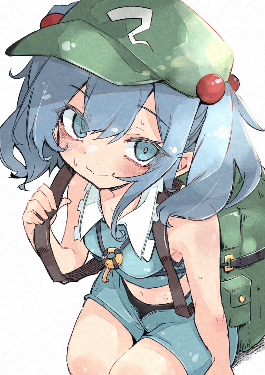 1girl backpack bag blue_eyes blue_hair blue_shirt blue_skirt blush breasts closed_mouth collared_shirt deal360acv flat_cap frilled_shirt_collar frills green_headwear hair_bobbles hair_ornament hat highres kawashiro_nitori key looking_at_viewer medium_hair shirt skirt small_breasts smile solo touhou two_side_up