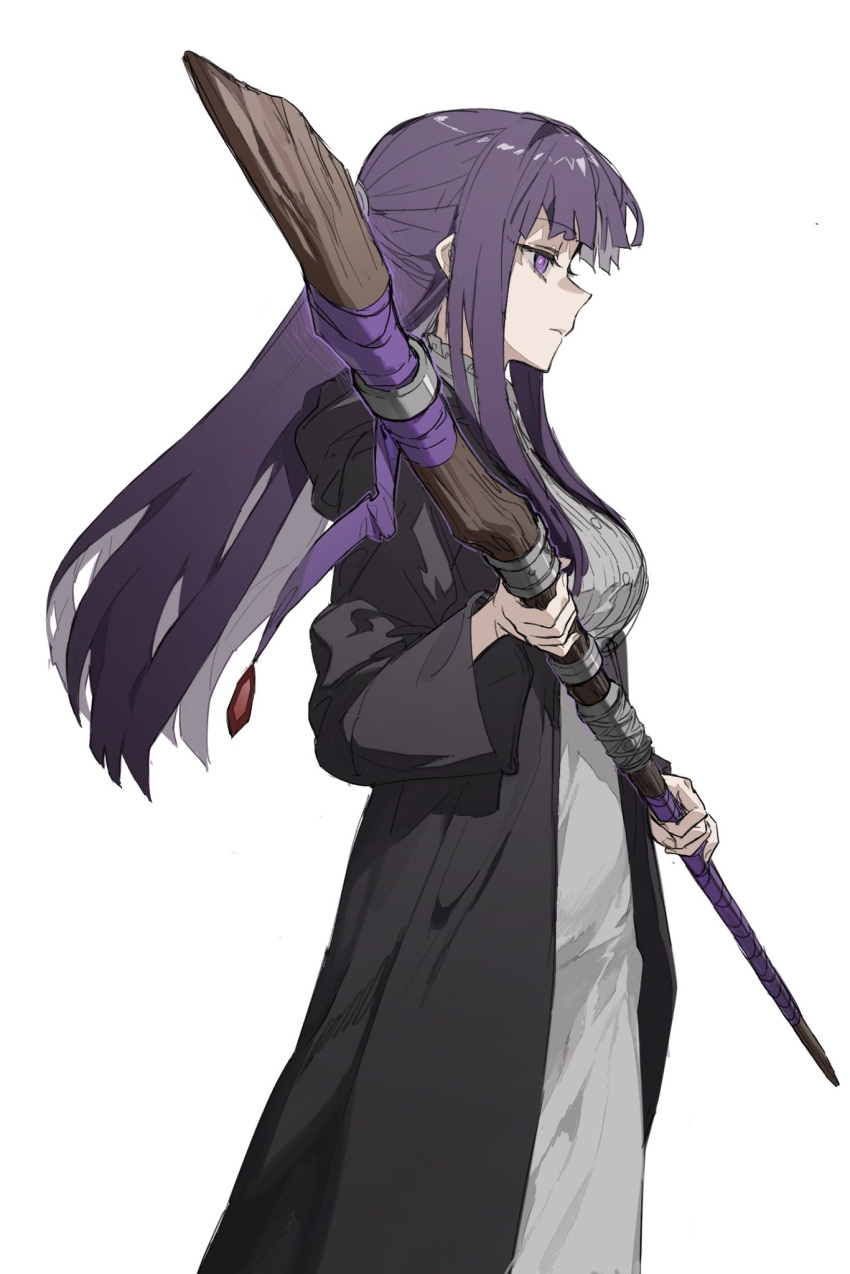 1girl black_coat black_robe blunt_bangs breasts coat collar dress expressionless fern_(sousou_no_frieren) frilled_collar frills highres holding holding_staff long_hair long_sleeves mage_staff purple_eyes purple_hair raito47 robe sidelocks simple_background sousou_no_frieren staff straight_hair white_background white_dress wooden_staff