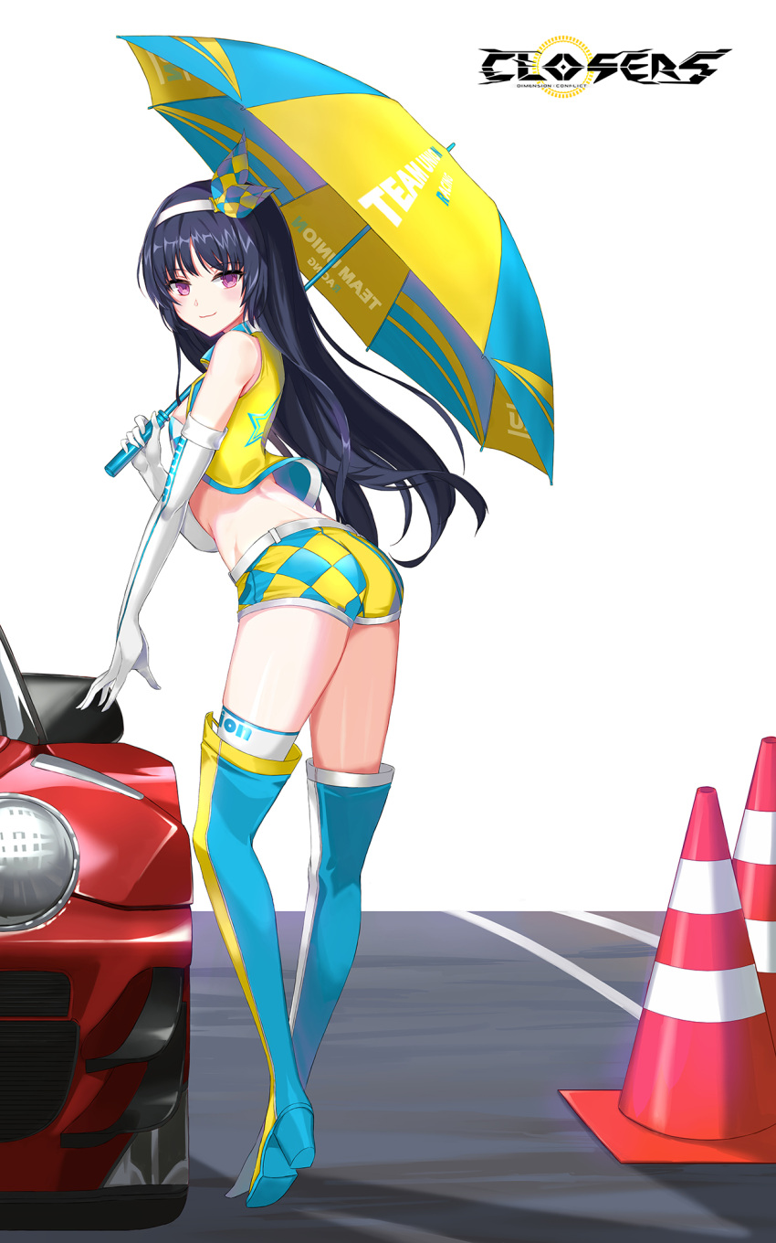 1girl alternate_color ass bare_shoulders belt black_hair boots breasts car closed_mouth closers crop_top cropped_vest elbow_gloves full_body gloves hairband high_heel_boots high_heels highres holding holding_umbrella long_hair looking_at_viewer looking_back luna_aegis_(closers) midriff motor_vehicle non-web_source official_art purple_eyes race_queen short_shorts shorts single_thighhigh sleeveless smile solo standing thigh_boots thighhighs thighs traffic_cone umbrella vest