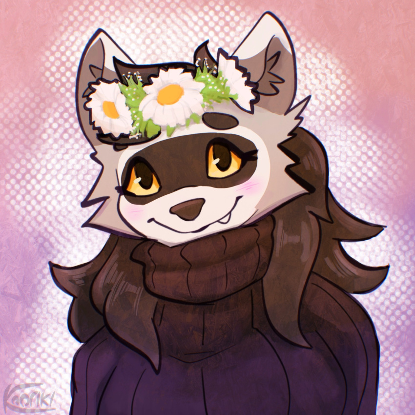 1:1 anthro artist_name blush bust_portrait clothing digital_media_(artwork) dutchy_(dutchslimey) eyebrows female fur grey_body grey_fur grey_inner_ear_fluff hair hi_res icon inner_ear_fluff kooriki mammal portrait procyonid raccoon shaded solo sweater topwear tuft turtleneck yellow_sclera