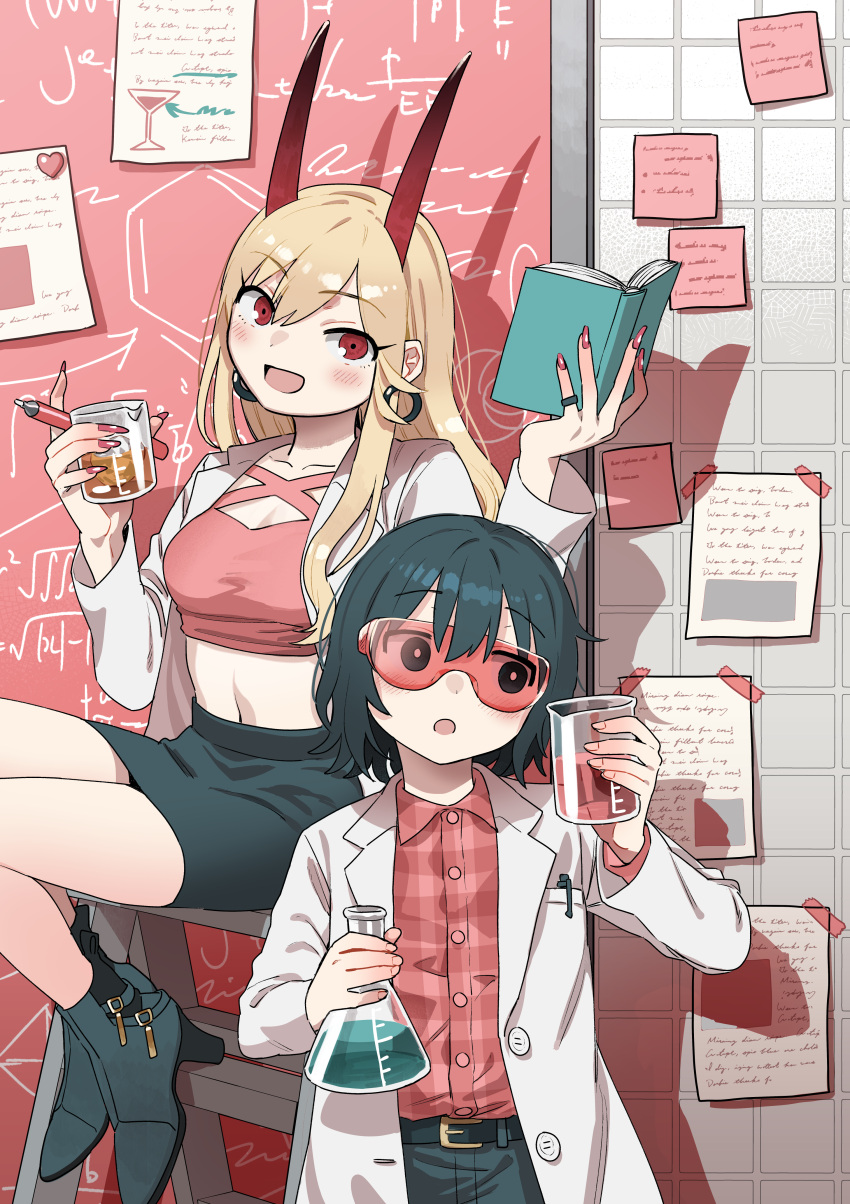 2girls absurdres alcohol_and_ogre-girls beaker black_footwear black_hair black_skirt blonde_hair blush book buttons coat commentary_request cowboy_shot demon_girl demon_horns dress_shirt earrings erlenmeyer_flask flask high_heels highres holding holding_beaker holding_book holding_flask holding_pen hoop_earrings horns ibuki_hinata jewelry knees_out_of_frame lab_coat long_sleeves looking_at_viewer math medium_hair midriff miniskirt multiple_girls nail_polish open_book open_clothes open_coat open_mouth original pen pencil_skirt red-tinted_eyewear red_eyes red_nails red_shirt safety_glasses science shida_naori shirt sitting skirt smile standing sticky_note tinted_eyewear white_coat zinbei