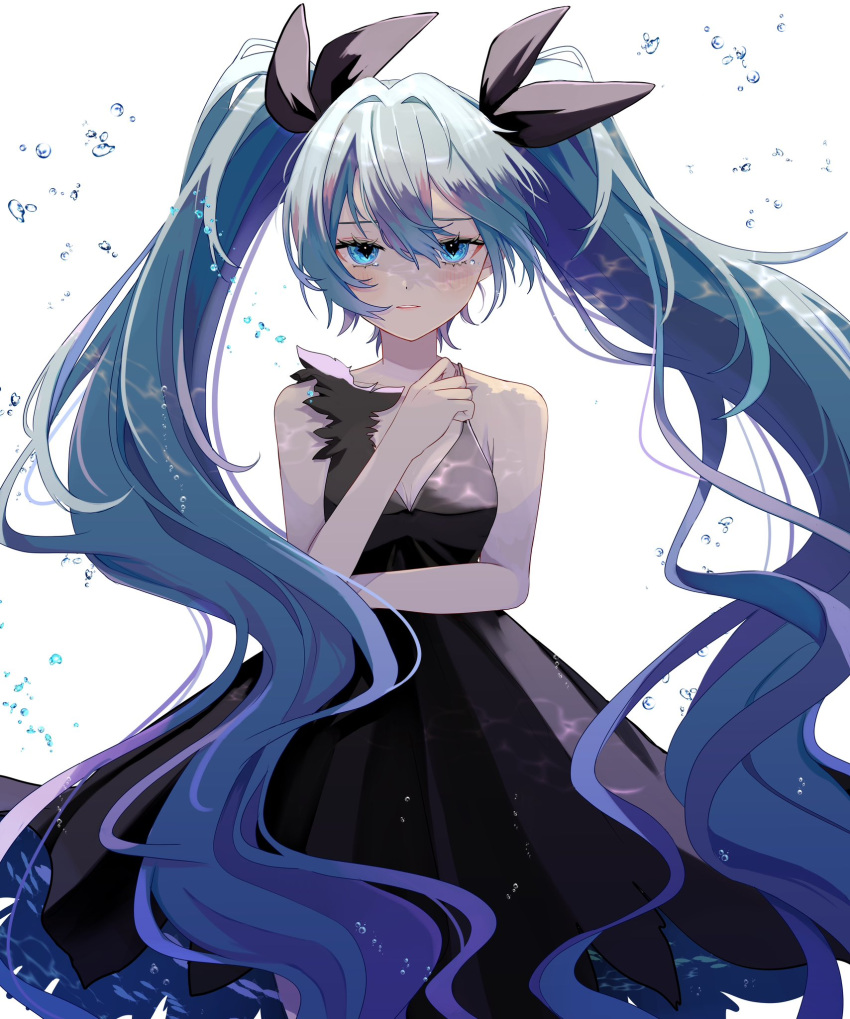 1girl air_bubble algae aqua_eyes aqua_hair aqua_theme asymmetrical_clothes asymmetrical_dress bare_arms bare_shoulders black_dress breasts bubble caustics cleavage closed_mouth commentary dress frown hair_between_eyes half-closed_eyes hatsune_miku highres light_blush long_eyelashes long_hair naguno-0713 ocean pale_skin sad school_of_fish seafloor self_hug serious shinkai_shoujo_(vocaloid) signature simple_background small_breasts solo submerged underwater very_long_hair vocaloid wavy_hair white_background