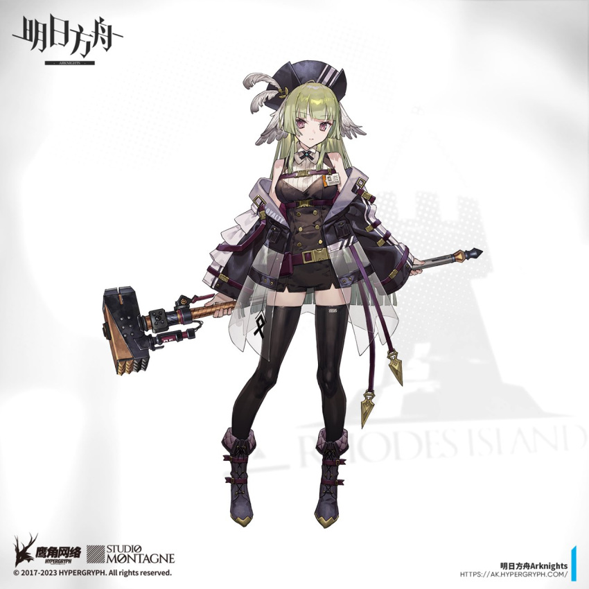 1girl arknights bare_shoulders black_headwear black_shirt black_shorts black_thighhighs closed_mouth copyright_name feather_hair green_hair hammer hat hat_feather highres holding holding_hammer holding_weapon id_card long_hair looking_at_viewer noco_(adamas) official_art poncirus_(arknights) purple_eyes shirt short_shorts shorts sledgehammer sleeveless sleeveless_shirt solo thighhighs weapon