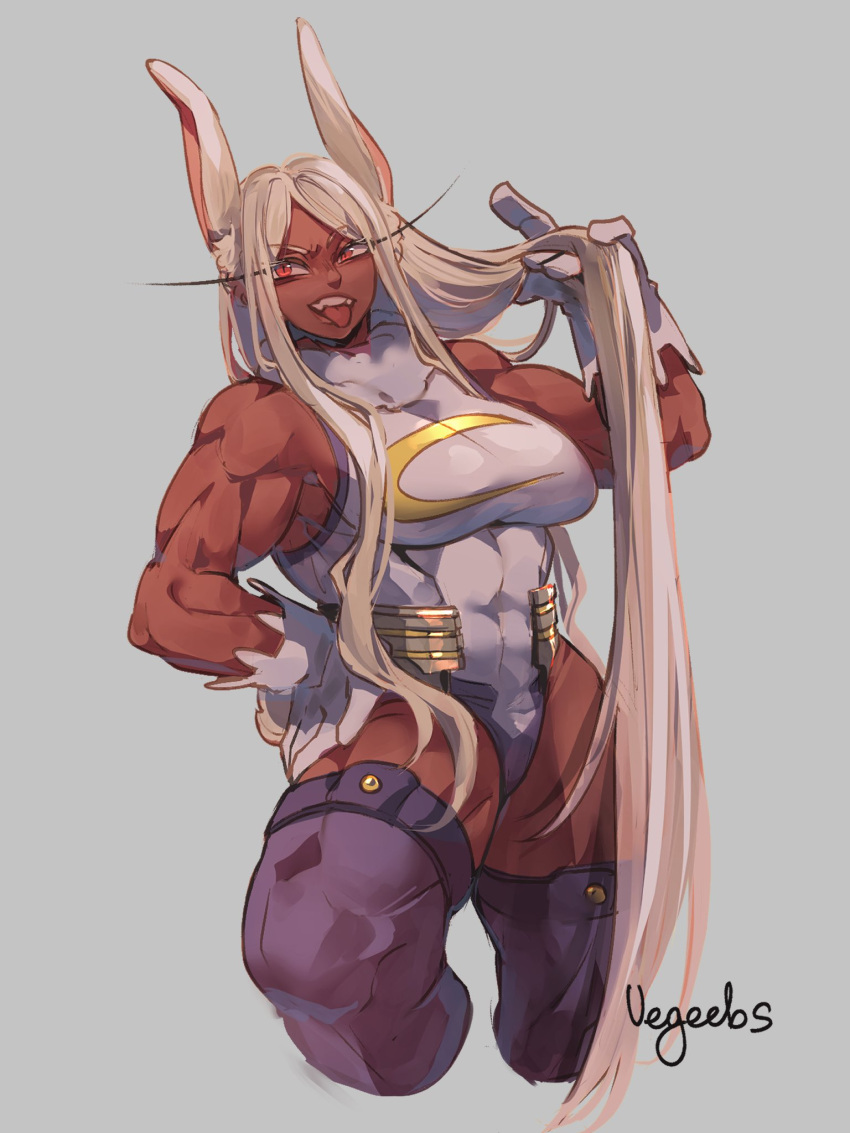 1girl addy_(@vegeebs) animal_ears bare_shoulders boku_no_hero_academia breasts covered_abs covered_navel crescent_print cropped_legs dark-skinned_female dark_skin fur_collar gloves grey_background hand_on_own_hip highleg highleg_leotard highres holding_own_hair large_breasts leotard long_eyelashes long_hair looking_at_viewer mirko muscular muscular_female parted_bangs purple_thighhighs rabbit_ears rabbit_girl rabbit_tail red_eyes signature simple_background sleeveless_turtleneck_leotard solo tail tail_through_clothes taut_leotard teeth thick_thighs thighhighs thighs tongue tongue_out uneven_eyes upper_teeth_only very_long_hair white_gloves white_hair white_leotard